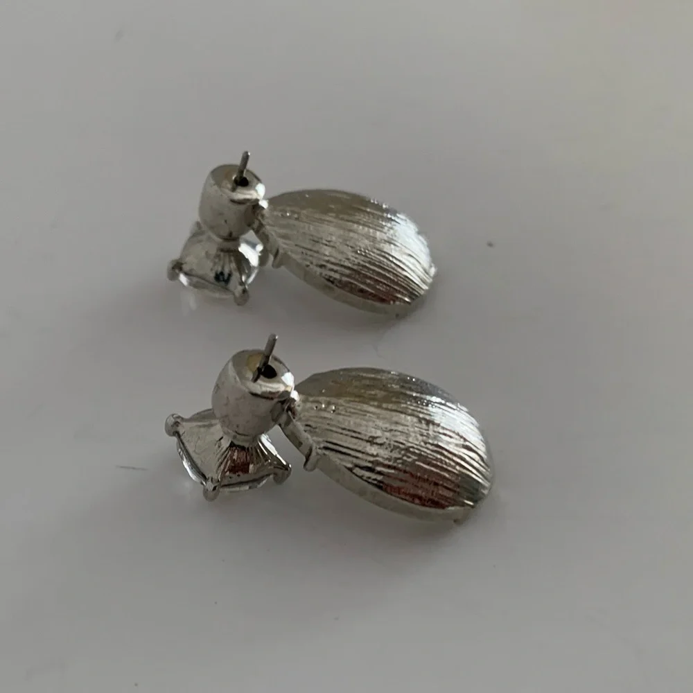 Clear Jewel Rhinestone Teardrop Earrings with Stud Silver Toned Hardware